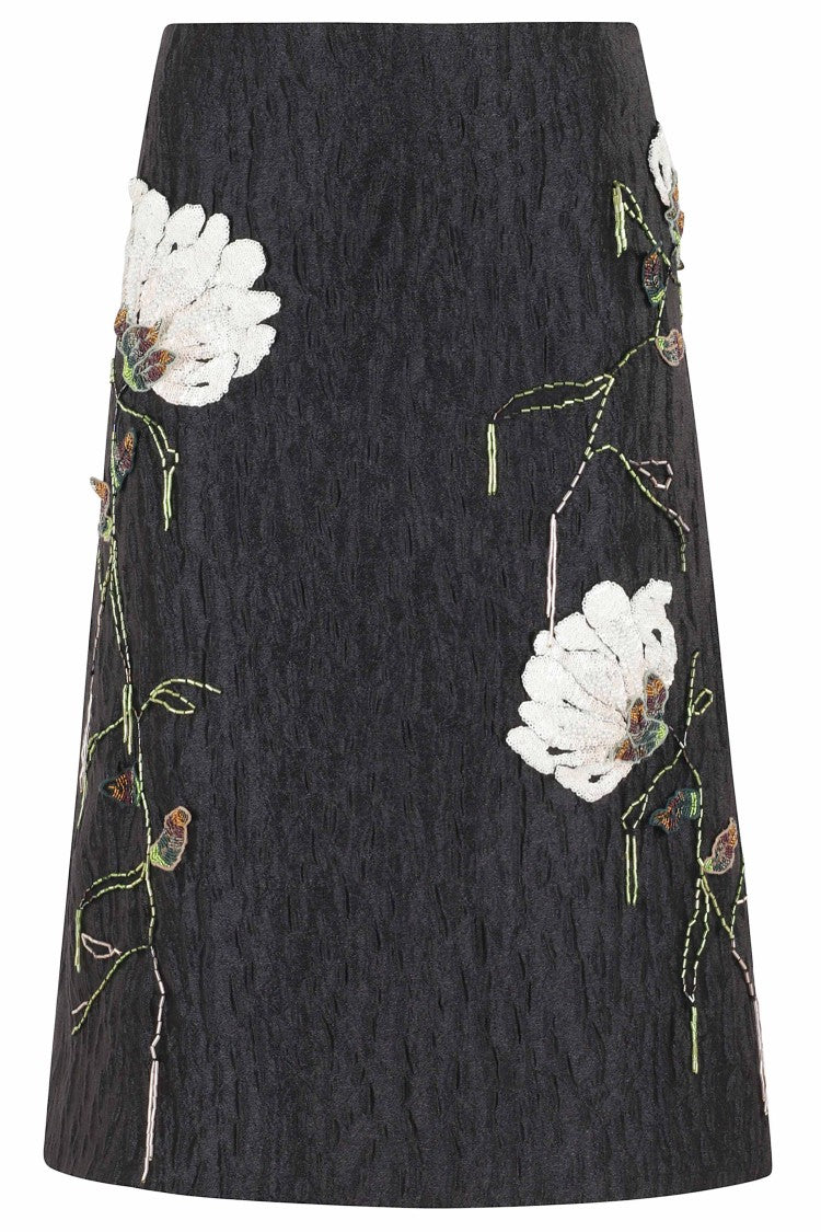 Simkhai Black Arla Floral Jacquard Embroidered Polyester Midi Skirt