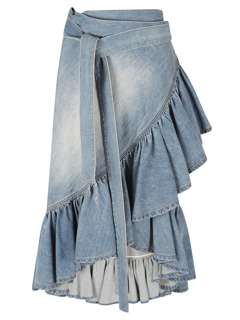 Alaïa Ankle-Length Ruffled Denim Skirt With Flared Cut