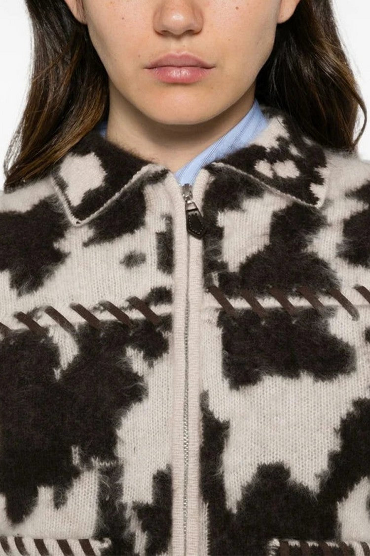 Guest In Residence Cream Grizzly Cowhide-Print Cropped Zip-Front Cashmere Jacket