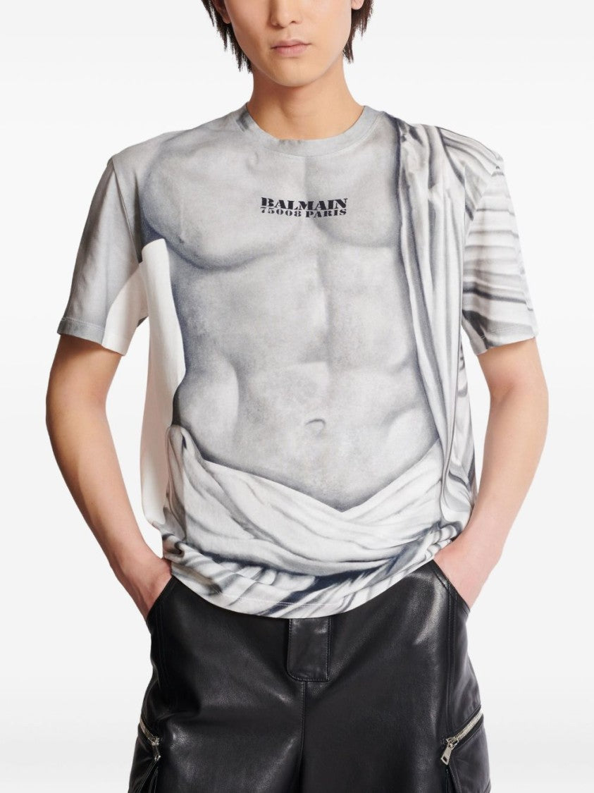 Balmain Light Grey Graphic Art Print T-Shirt