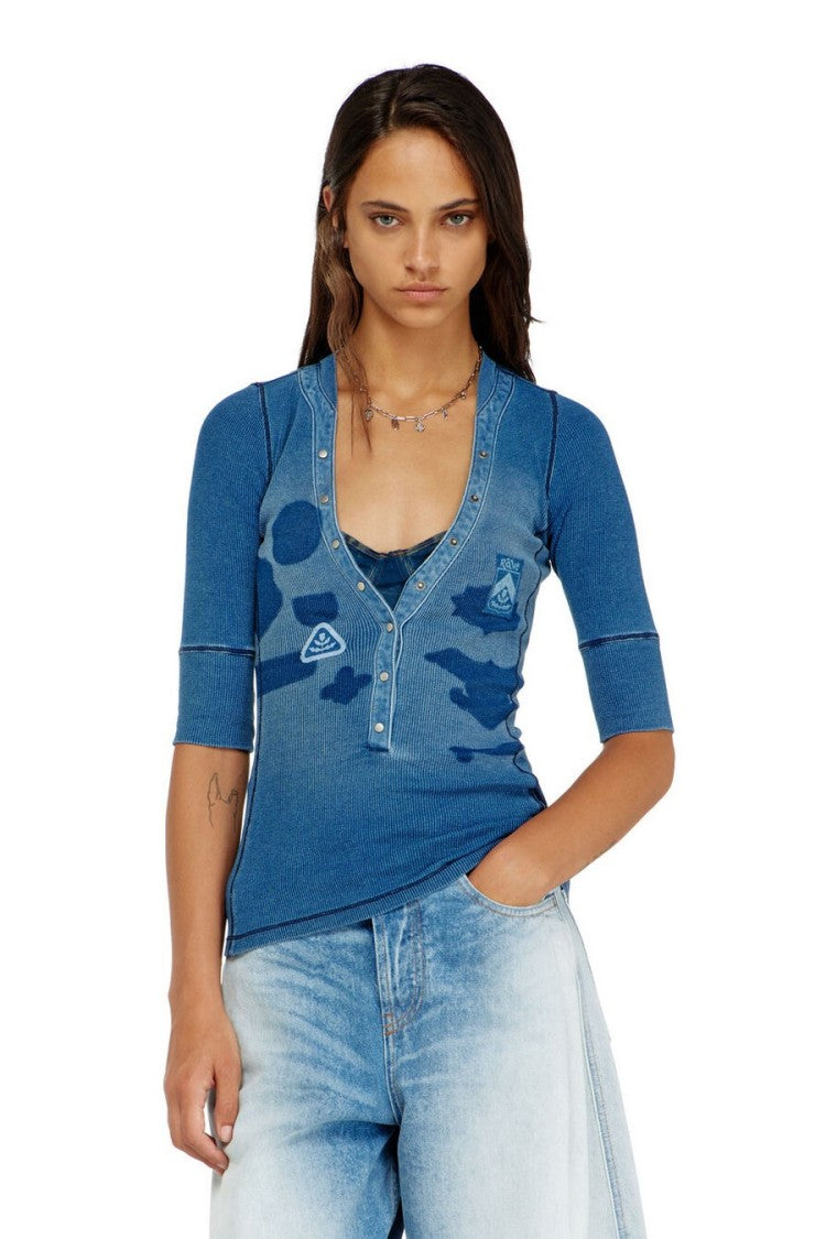 Diesel Blue Denim-Effect Patch Press-Stud Cotton-Blend Tunic