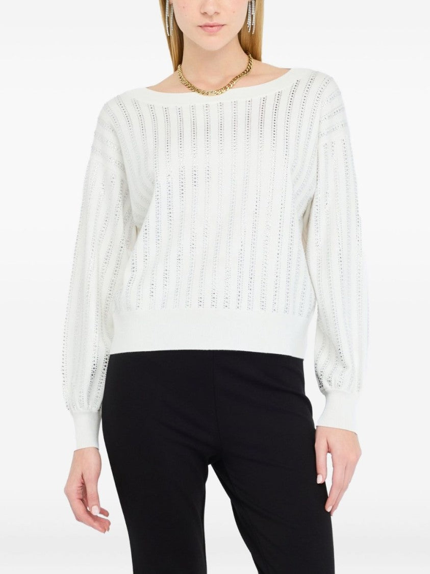 Liu Jo Open-Knit White Sweater With Delicate Vertical Stripes