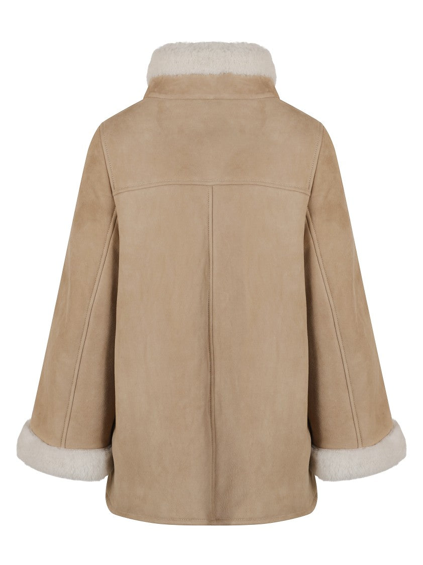 Fay Boxy Beige Suede Coat With Plush Shearling Lining