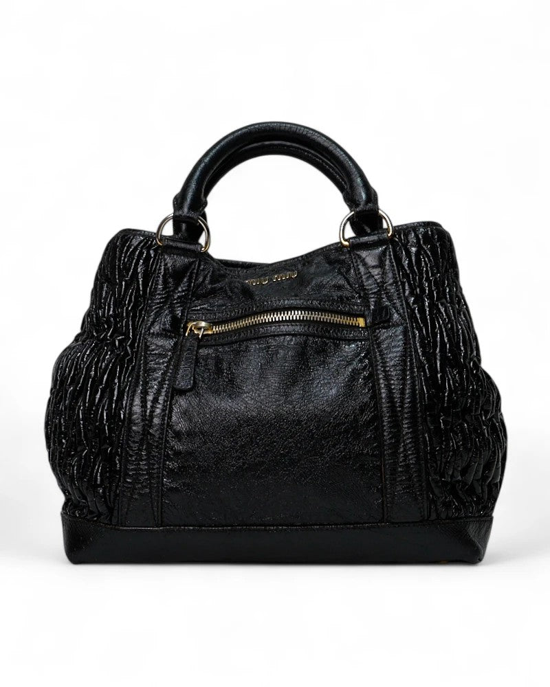 Miu Miu Medium Embossed Shopper In Glossy Black