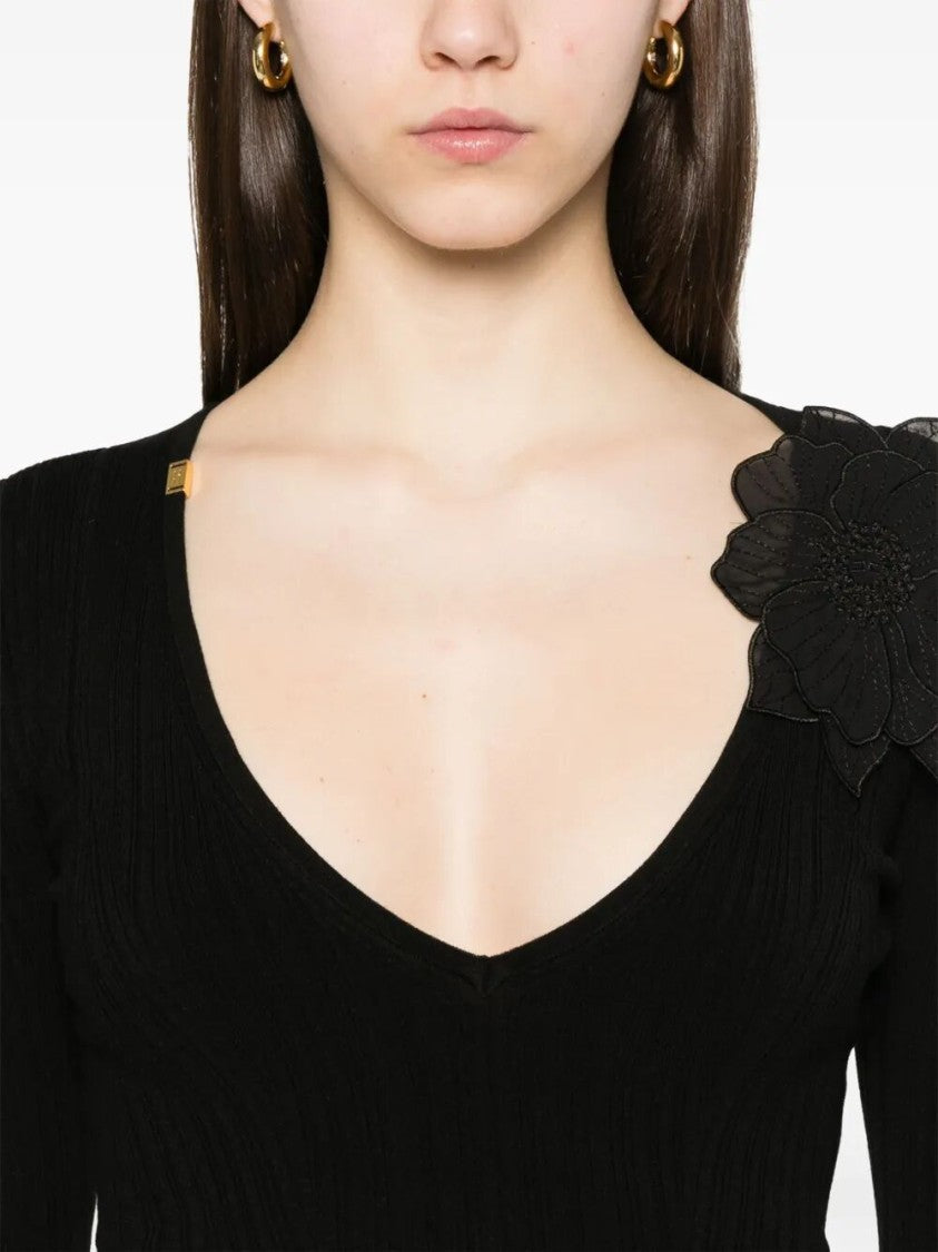 Elisabetta Franchi Black Ribbed Top With Deep V-Neckline