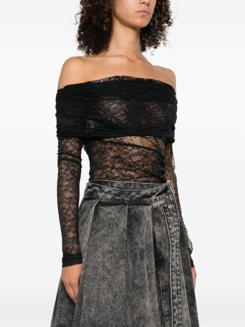 Pinko Sheer Black Off-Shoulder Top With Lace