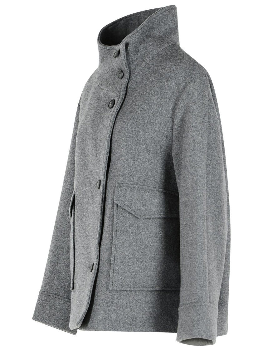 Closed Wool Blend Jacket With Raised Neck And Flap Pockets
