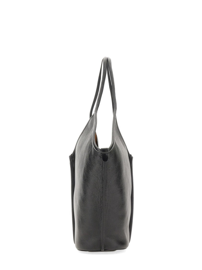 Hereu Structured Black Calf Leather Tote Bag With Distressed Finish