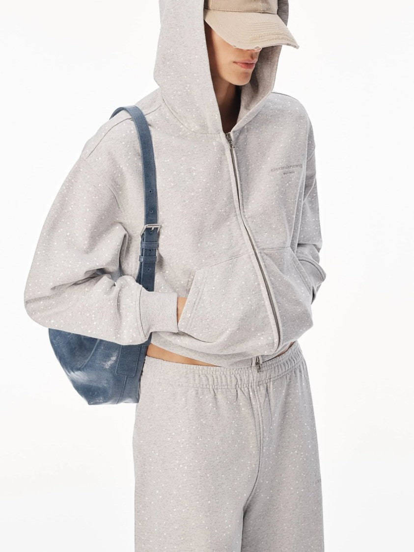Alexander Wang Grey Crystal Logo Cropped Cotton Hoodie Sweatshirt