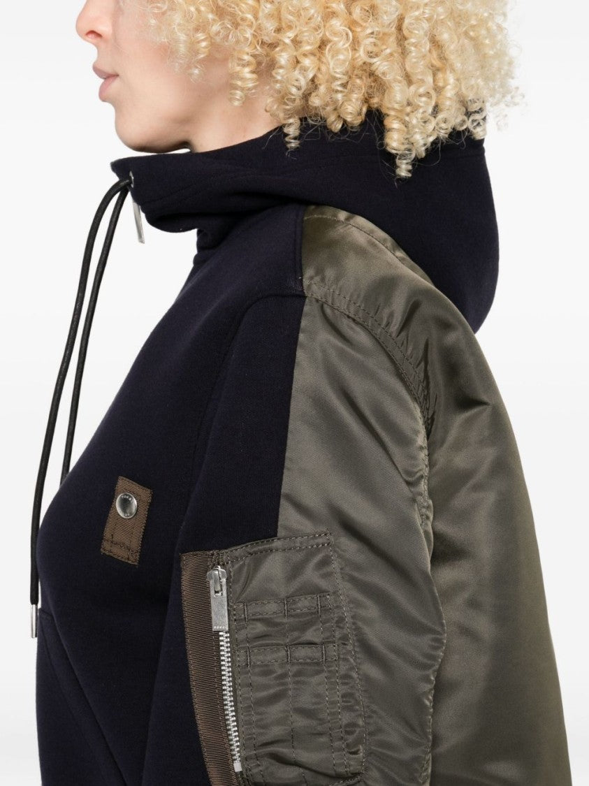 Sacai Midnight Blue Zip-Through Hoodie With Contrasting Olive Satin Sleeves