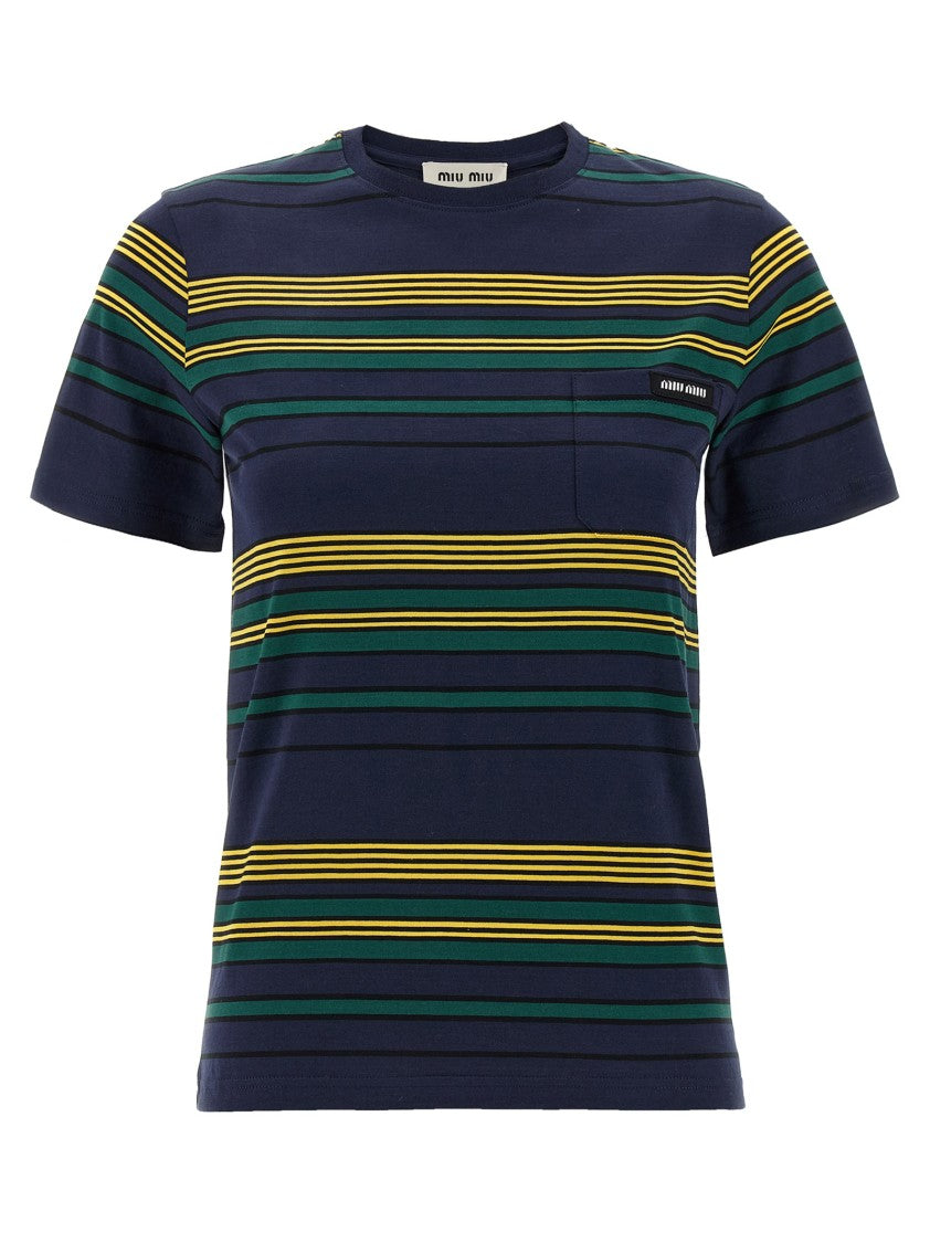 Miu Miu Horizontal Striped Cotton Jersey T-Shirt With Logo Patch