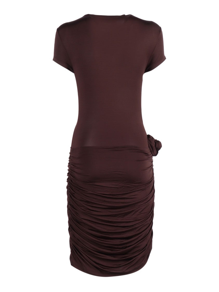Rotate Draped Mini Dress With Knot Detail And Ruched Design