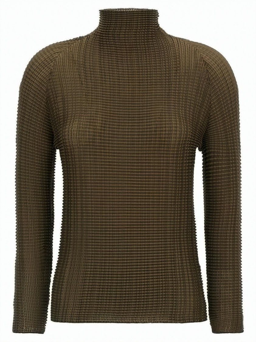 Issey Miyake Textured Brown Turtleneck Top With Fitted Silhouette
