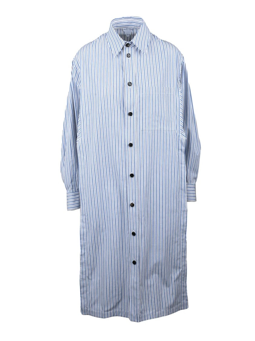 Bottega Veneta White Sky Blue Striped Cotton Chemise Shirt
