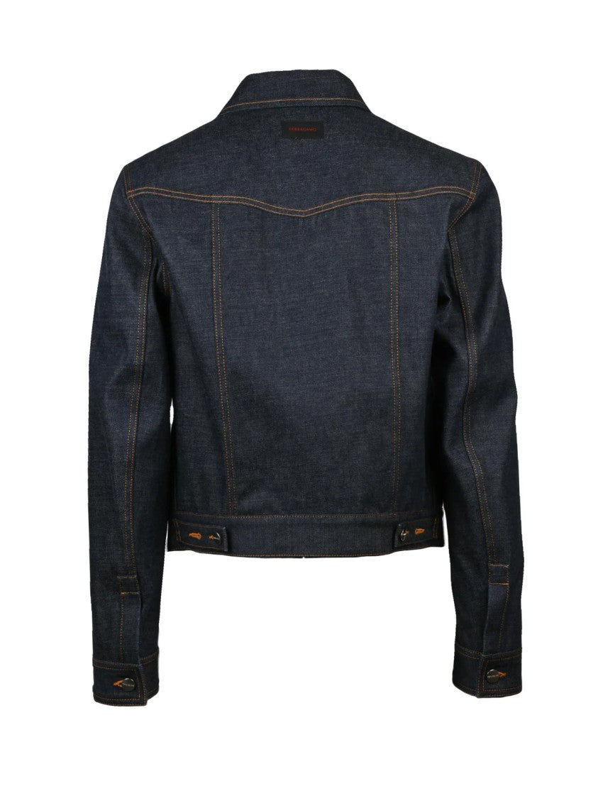 Ferragamo Structured Blue Denim Jacket With Flap Pockets And Adjustable Hem