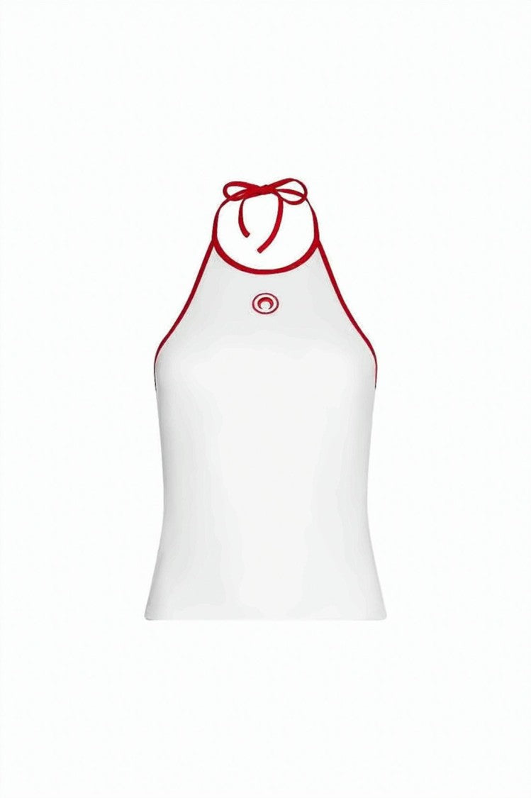 Marine Serre Sleeveless Halter Top With Red Trim And Open Back Design