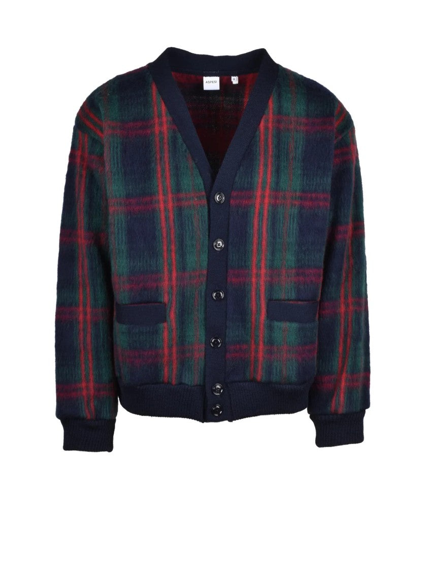 Aspesi V-Neck Button-Up Cardigan In Bold Plaid Pattern