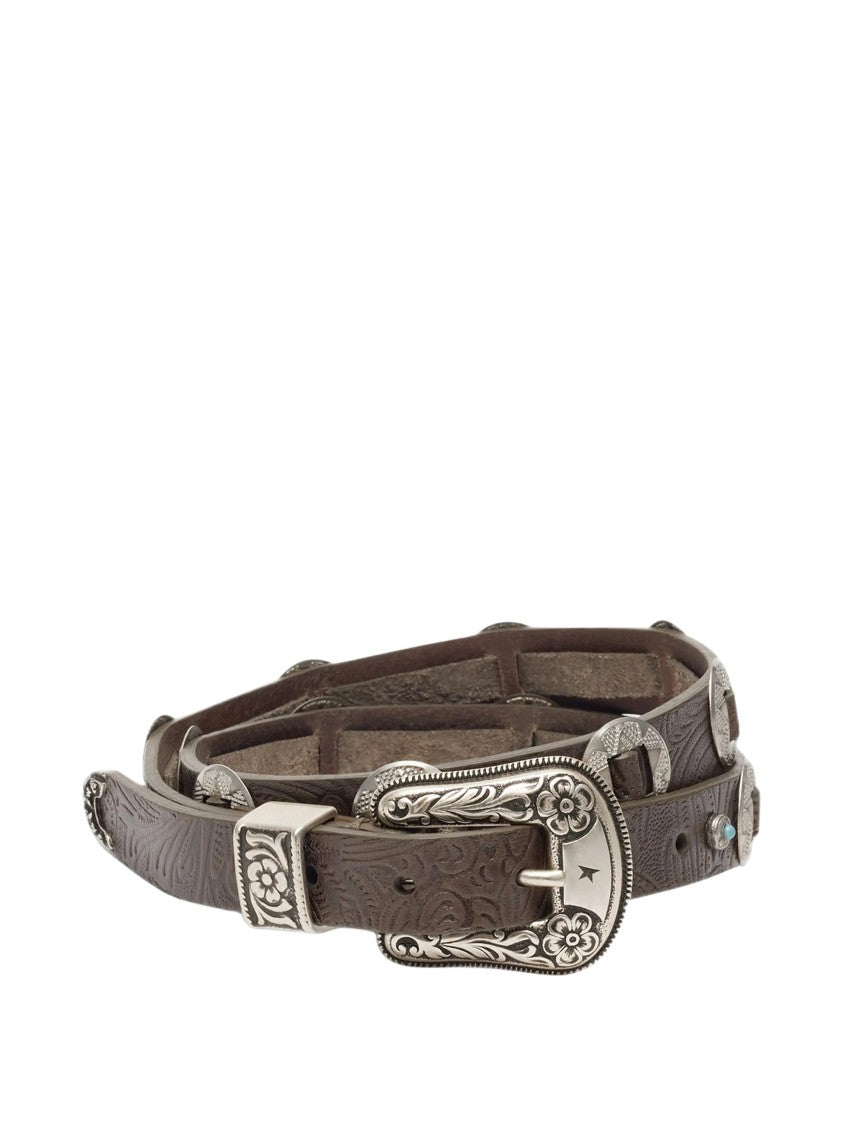 Golden Goose Lace S Floral Embossed Turquoise Accent Leather Belt