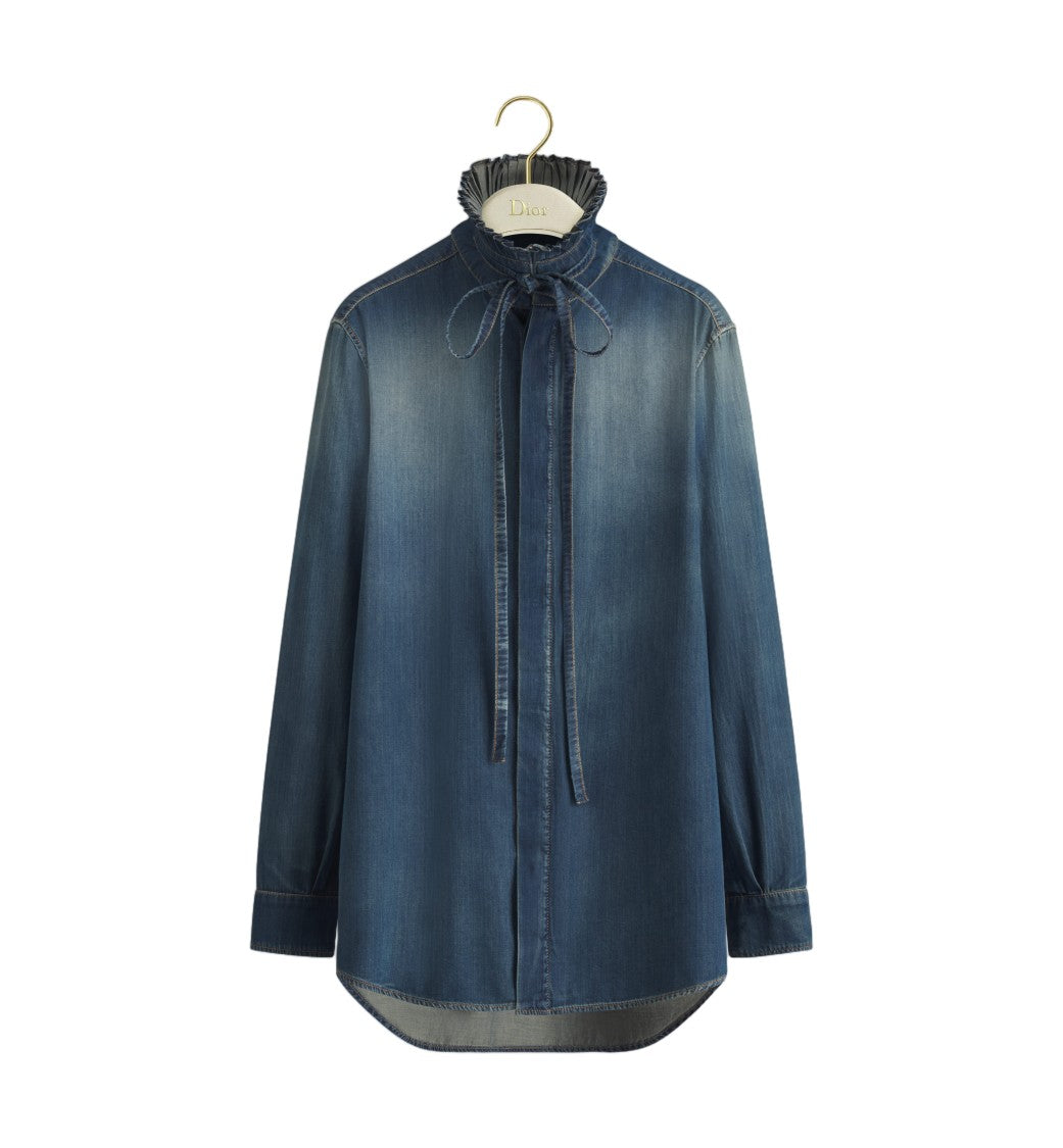 Christian Dior Blue High Ruffle Collar Denim Shirt