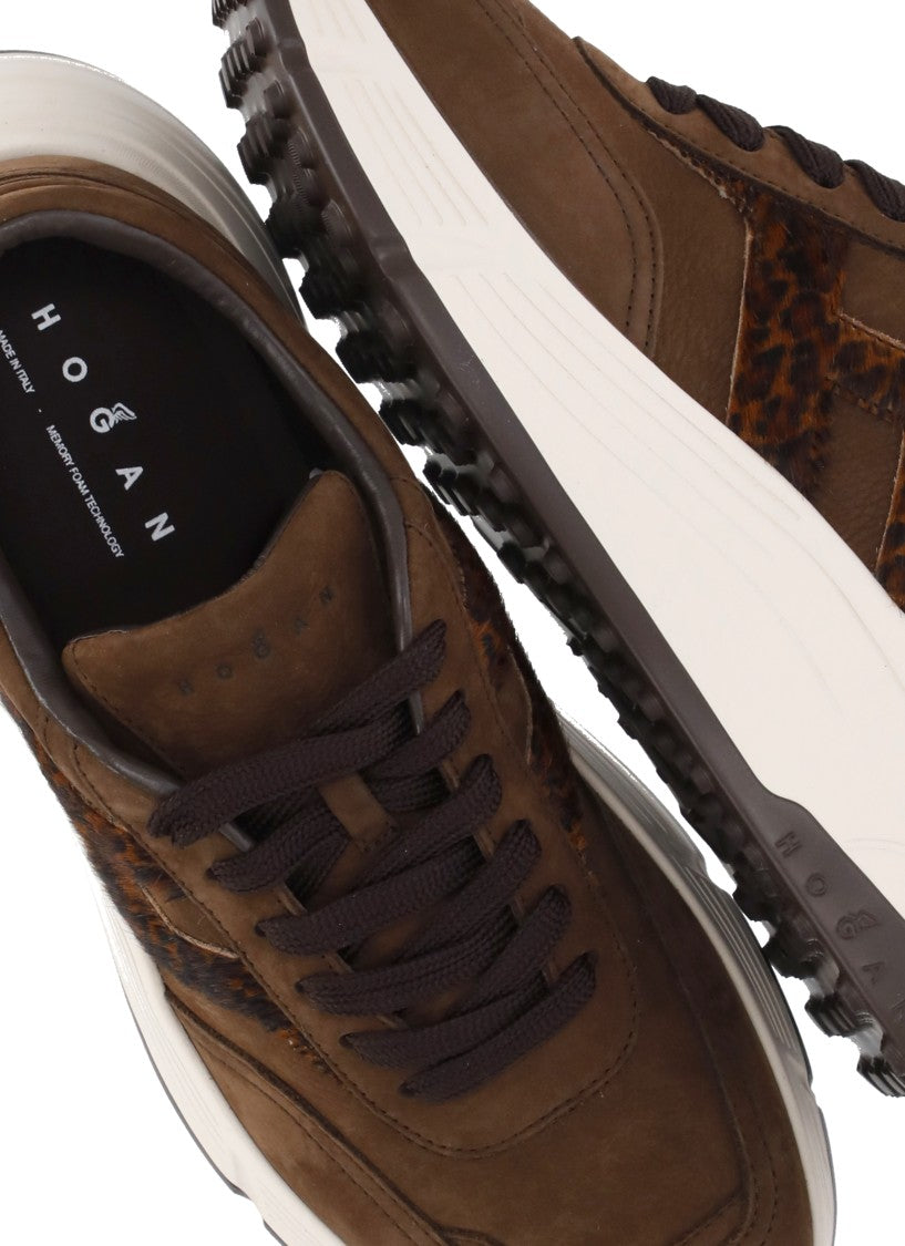 Hogan Brown Leather Sneakers With Leopard Pony Accents