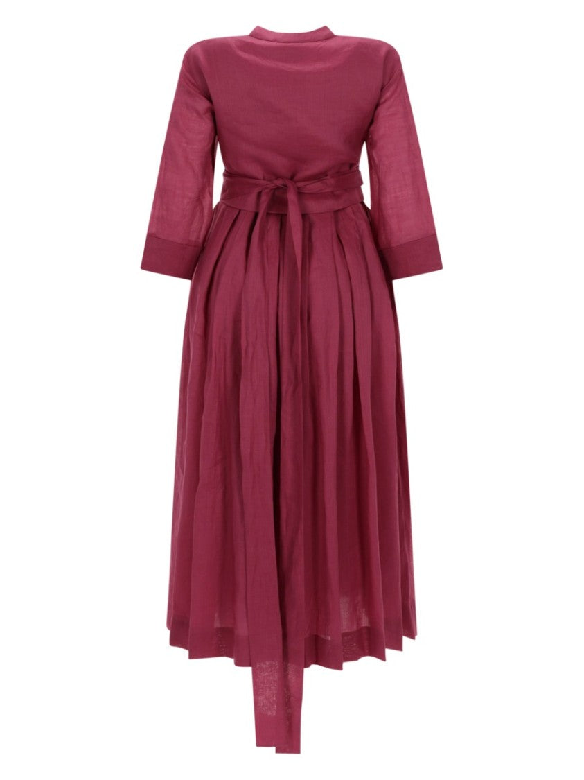 Max Mara Burgundy Midi Dress With Deep V-Neckline And Pleated Skirt