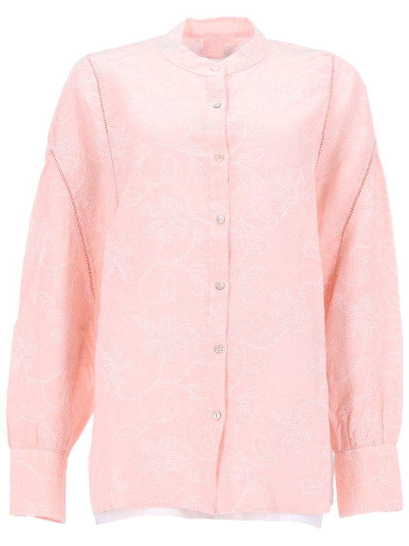 120% Lino Mandarin Collar Floral Jacquard Blouse