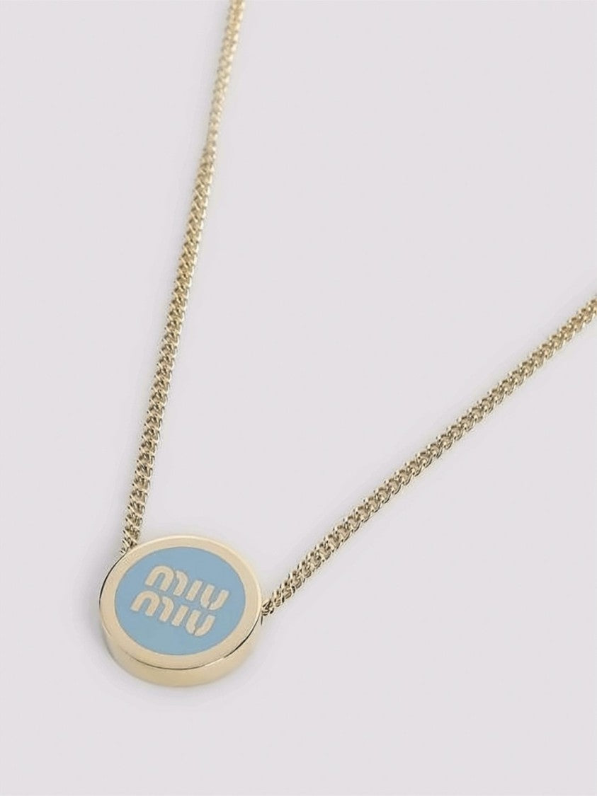 Miu Miu Gold-Tone Necklace With Light Blue Enamel Pendant