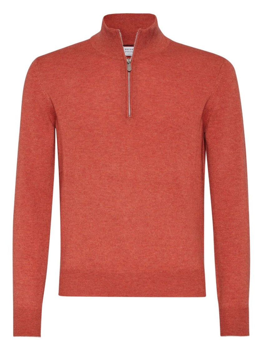 Brunello Cucinelli Ribbed Half-Zip Orange Sweater With High Collar