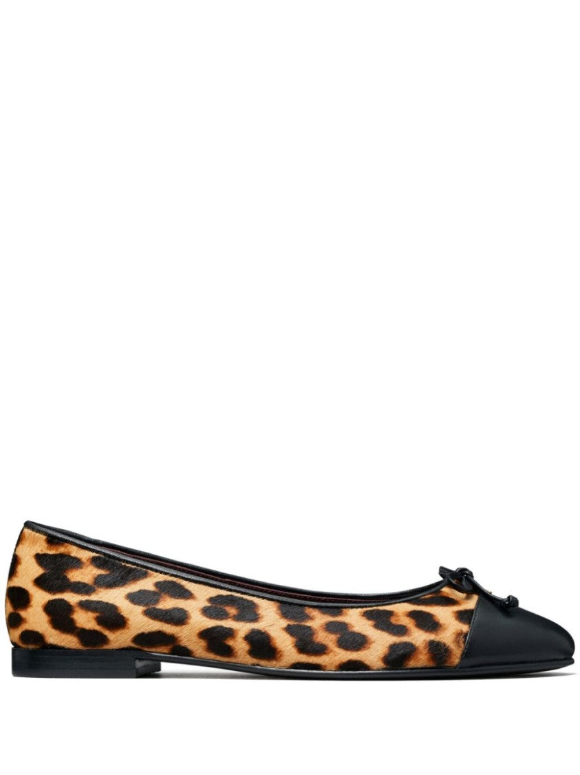 Tory Burch Leopard Print Bow-Detail Ballerina Shoes In Smooth Grain Calf Leather