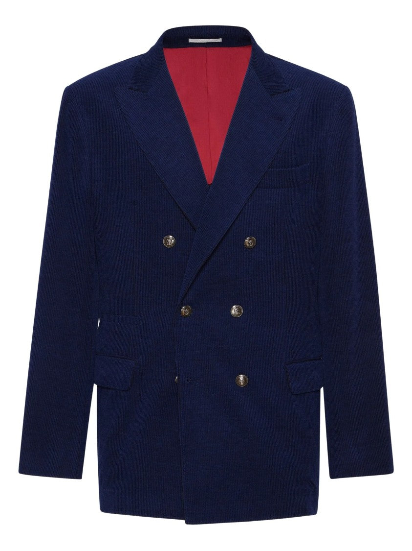 Brunello Cucinelli Double-Breasted Navy Blue Corduroy Blazer