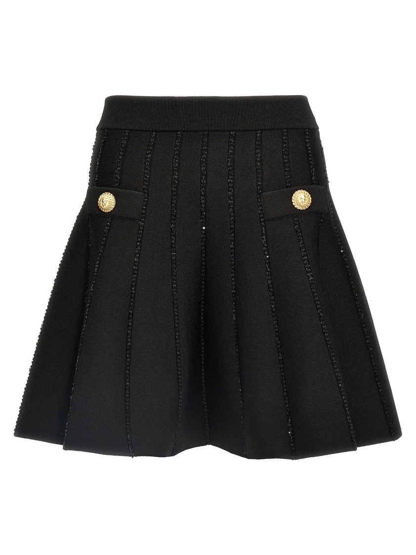 Balmain Flared Knitted Skirt With Sequin Detail And Trompe-L'œil Pockets