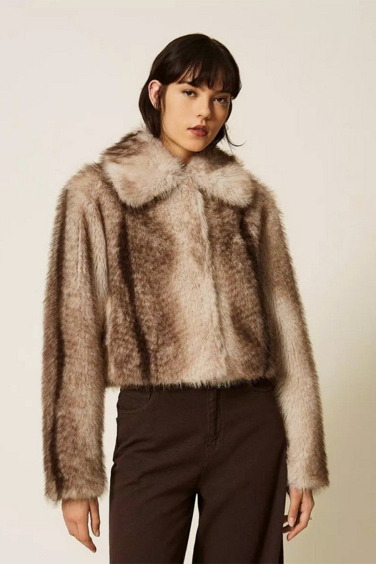 Twin-Set Brown Wide Notch Collar Faux-Fur Polyester Jacket