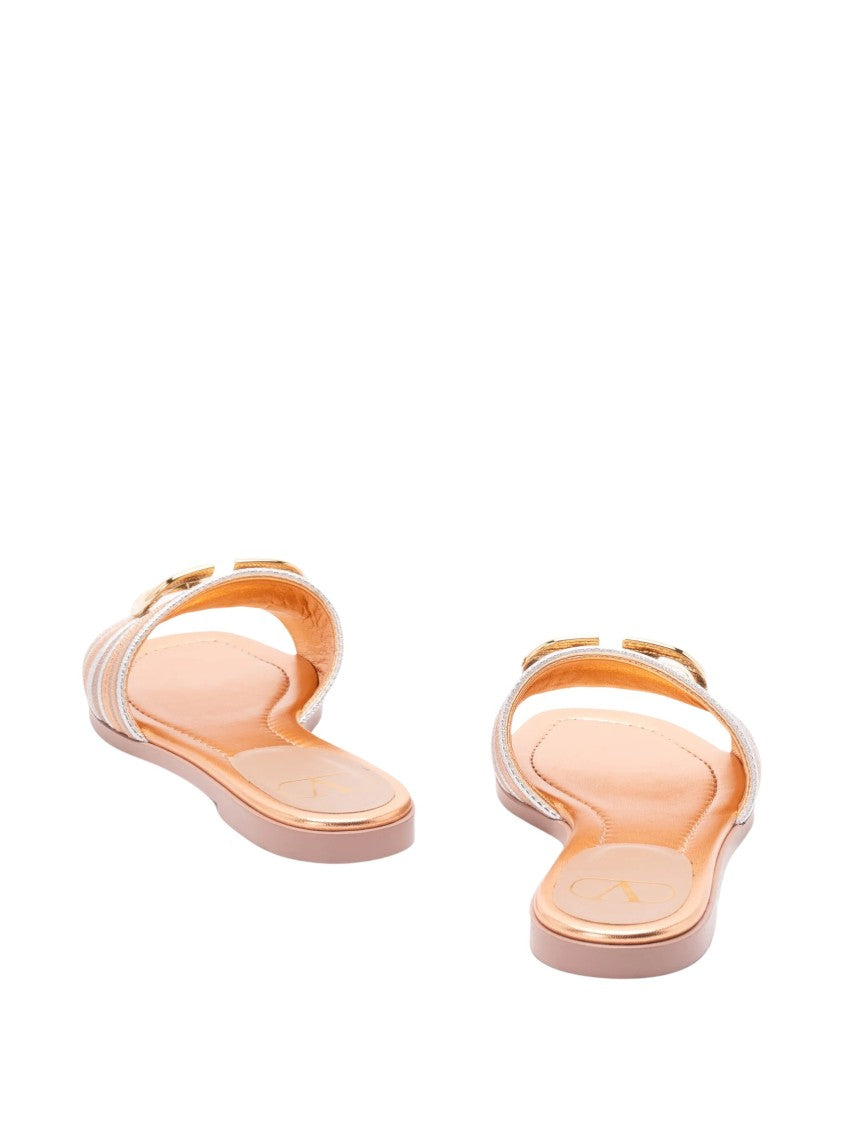 Valentino Slide Metallic Logo Striped Slide Sandals
