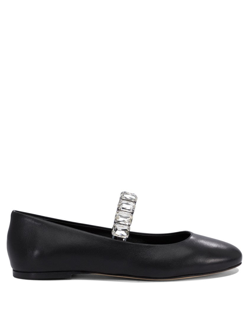 Casadei Crystal-Embellished Black Leather Ballerinas
