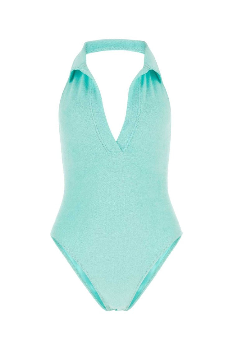 Lisa Marie Fernandez Light-Blue Stretch Seersucker Polo Maillot Swimsuit
