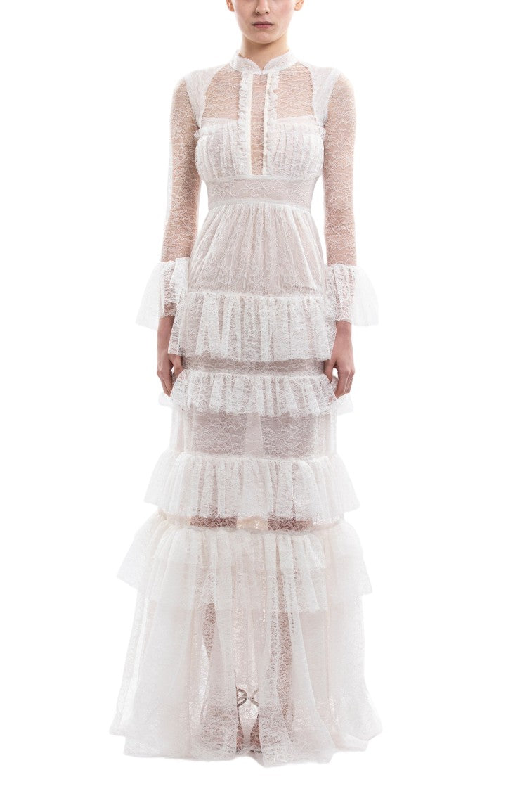 Saiid Kobeisy Off-White Lace Maxi Dress With Gathered Skirt And Long Sleeves