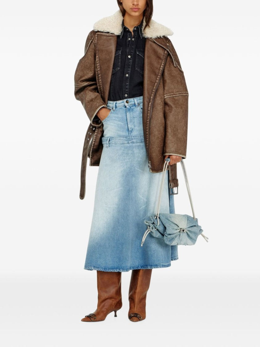 Diesel Distressed Brown Leather Coat With Plush Shearling Collar