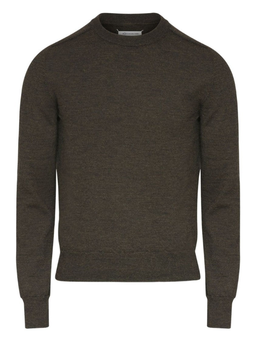 Maison Margiela Brown Crew Neck Sweater With Elbow Patches And Fitted Waist