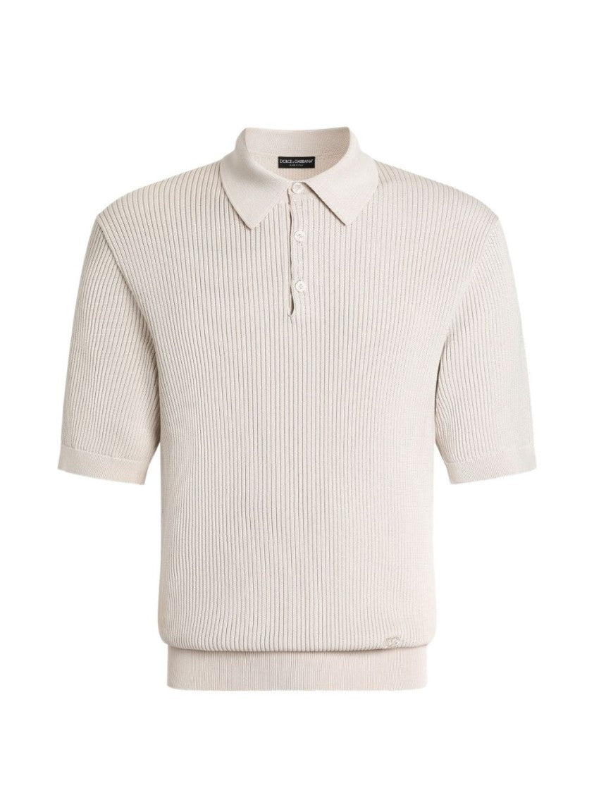 Dolce & Gabbana Cream Ribbed Fitted Cuff Polo Shirt