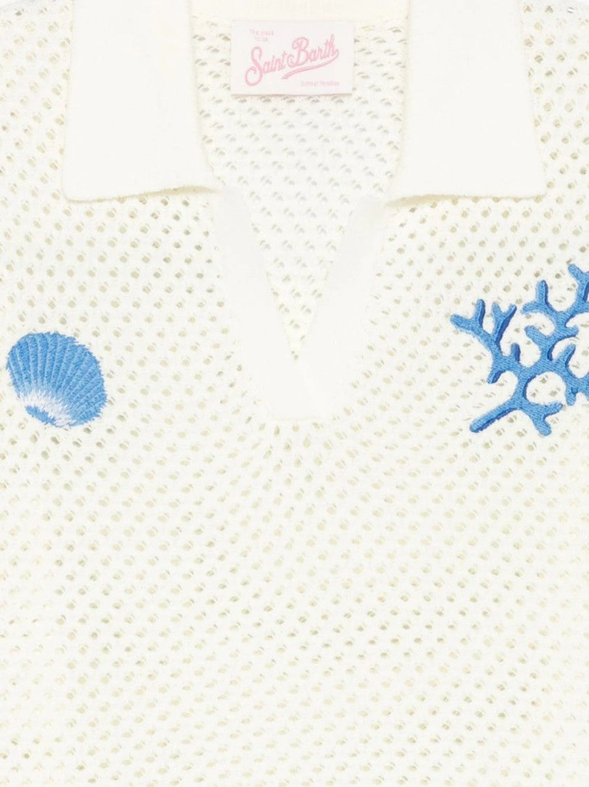 Mc2 Saint Barth White Open-Knit Sea Motifs Top