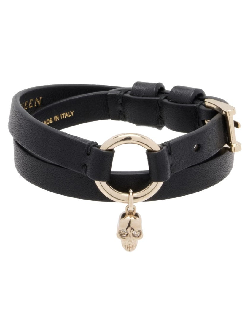 Alexander Mcqueen Skull Double-Wrap Black Leather Charm Bracelet