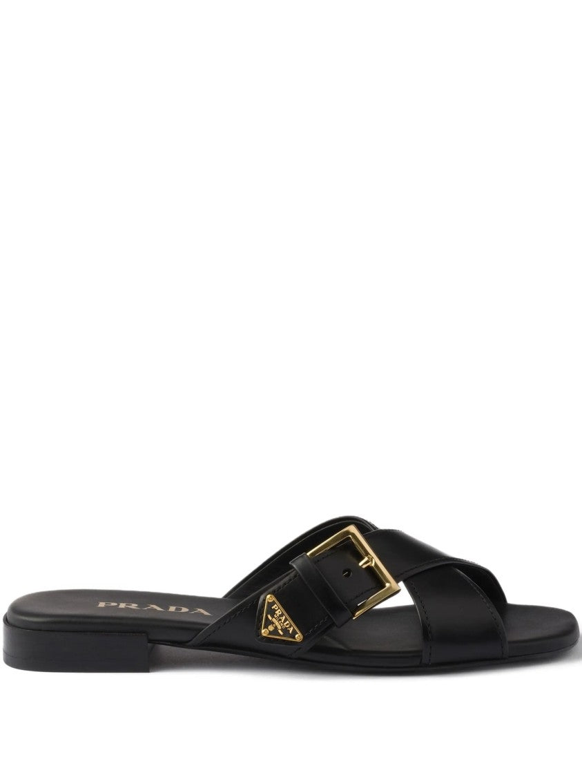 Prada Flat Slide Sandals With Crisscross Straps