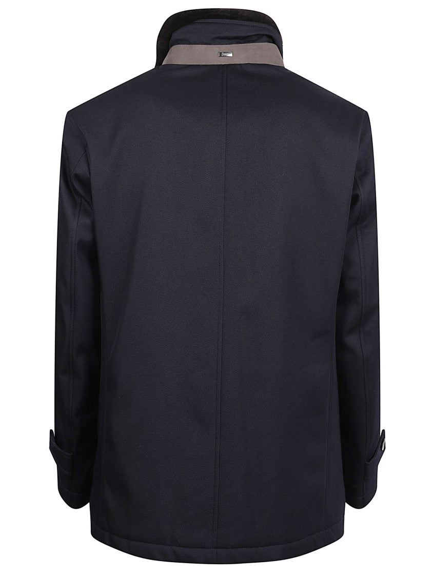 Herno Structured Blue Virgin Wool Coat With Fur Collar