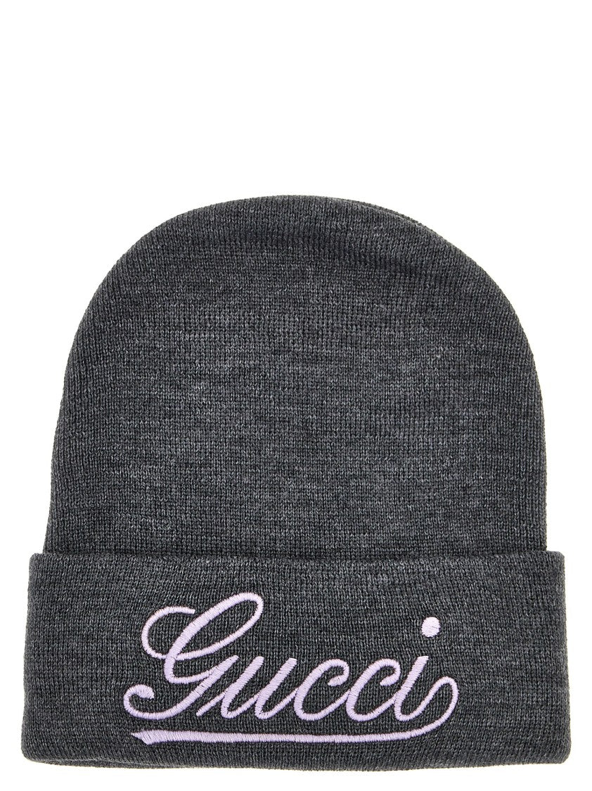 Gucci Wool Beanie With Front Embroidered Logo In Pastel Purple