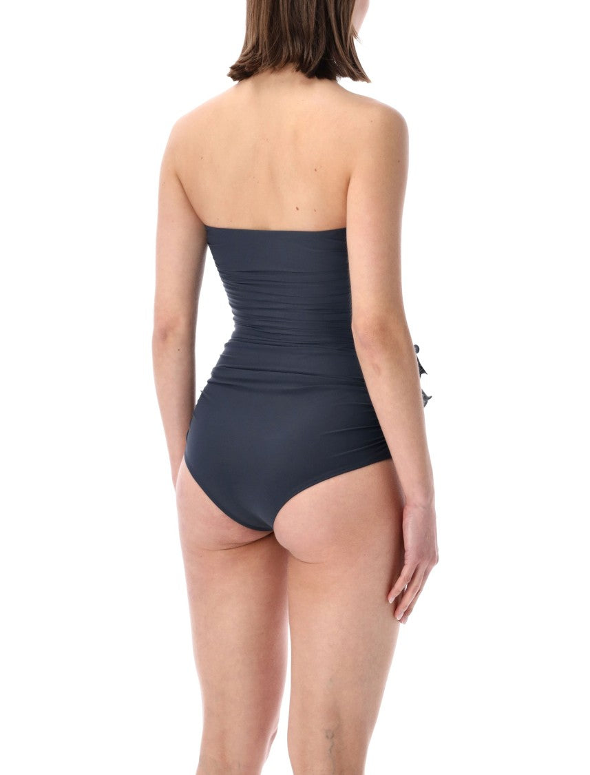 Magda Butrym Strapless Draped Floral One Piece Swimsuit