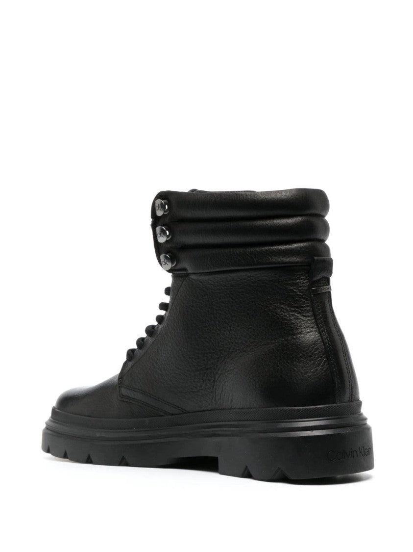 Calvin Klein Polished Leather Combat Boots With Padded Collar
