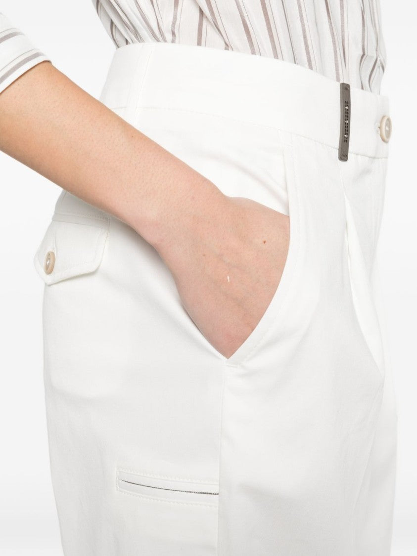 Peserico Cropped White Straight-Leg Trousers With High Waist And Buttoned Flap Pockets