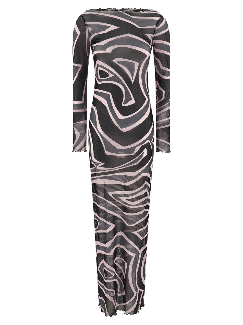 Emilio Pucci Long Marble Print Tulle Dress With Boat Neckline