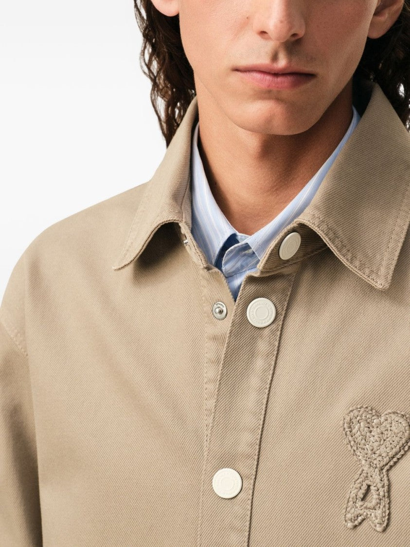 Ami Paris Beige Denim Shirt With Knitted Patch