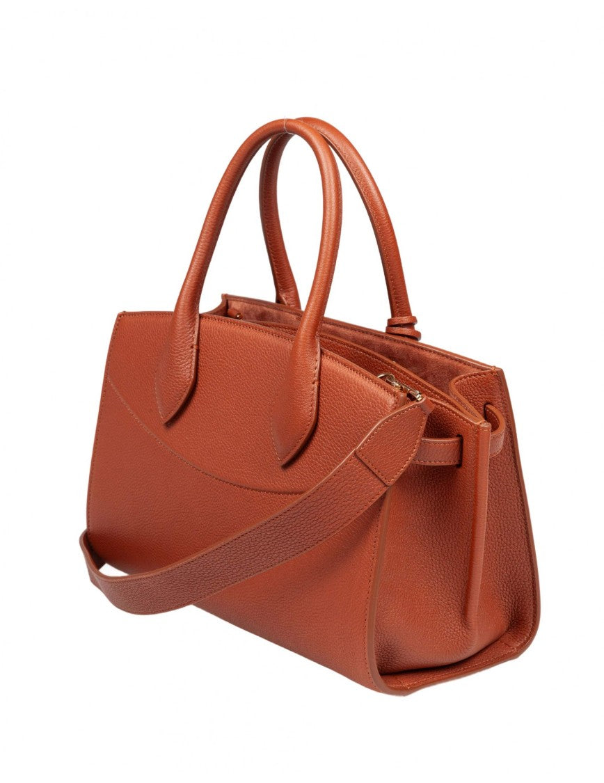 Salvatore Ferragamo Studio Hammered Leather Handbag Cognac Color